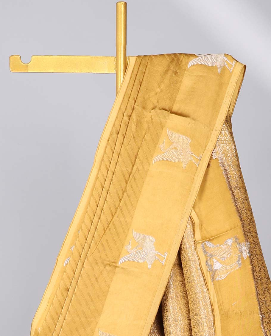 Yellow jaal design mushru silk saree, bird design border & pallu of intricate designs