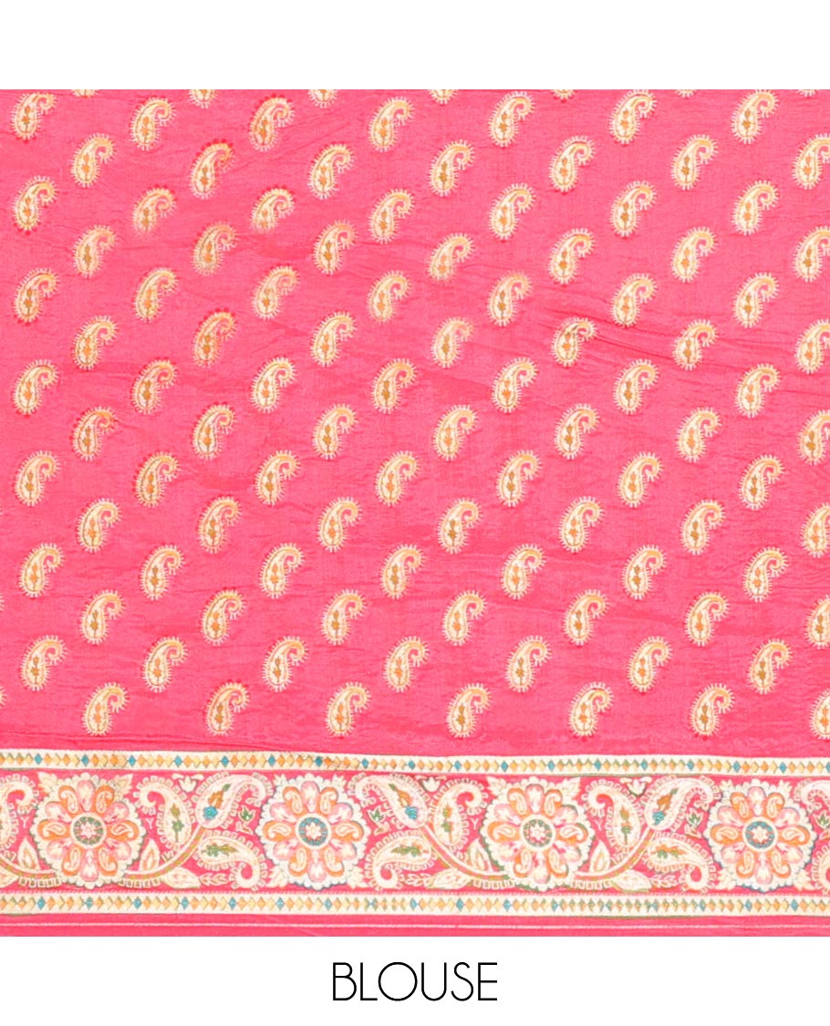 Multi-color intricate Mughal-style designs printed dola silk saree