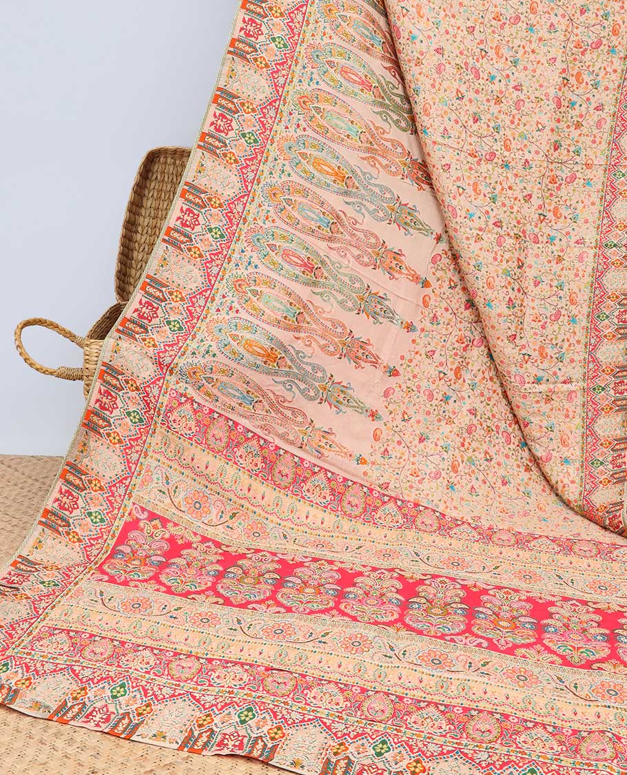 Multi-color intricate Mughal-style designs printed dola silk saree