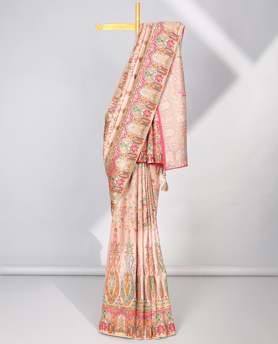 Multi-color intricate Mughal-style designs printed dola silk saree