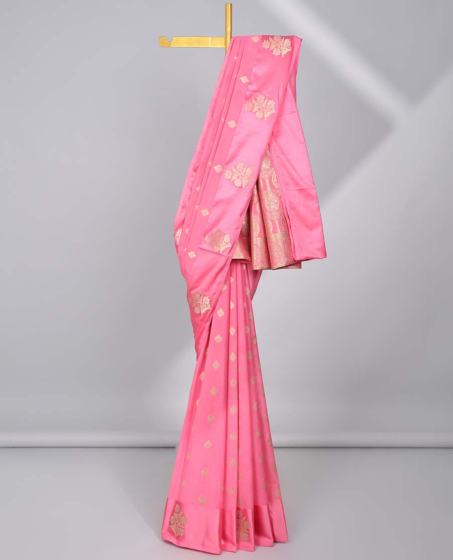Pink mushru silk saree with buttas, floral design border & pallu of intricate designs