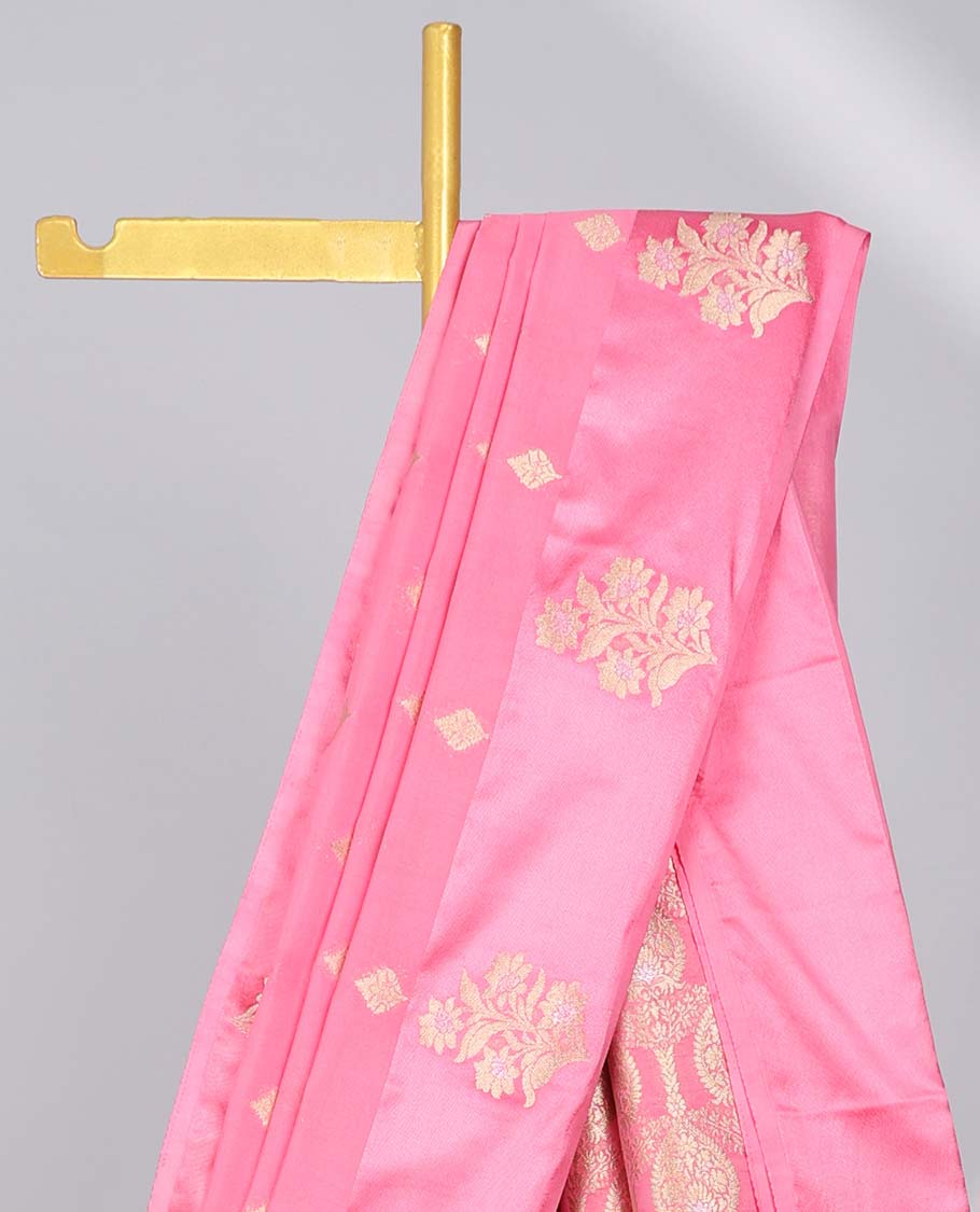 Pink mushru silk saree with buttas, floral design border & pallu of intricate designs