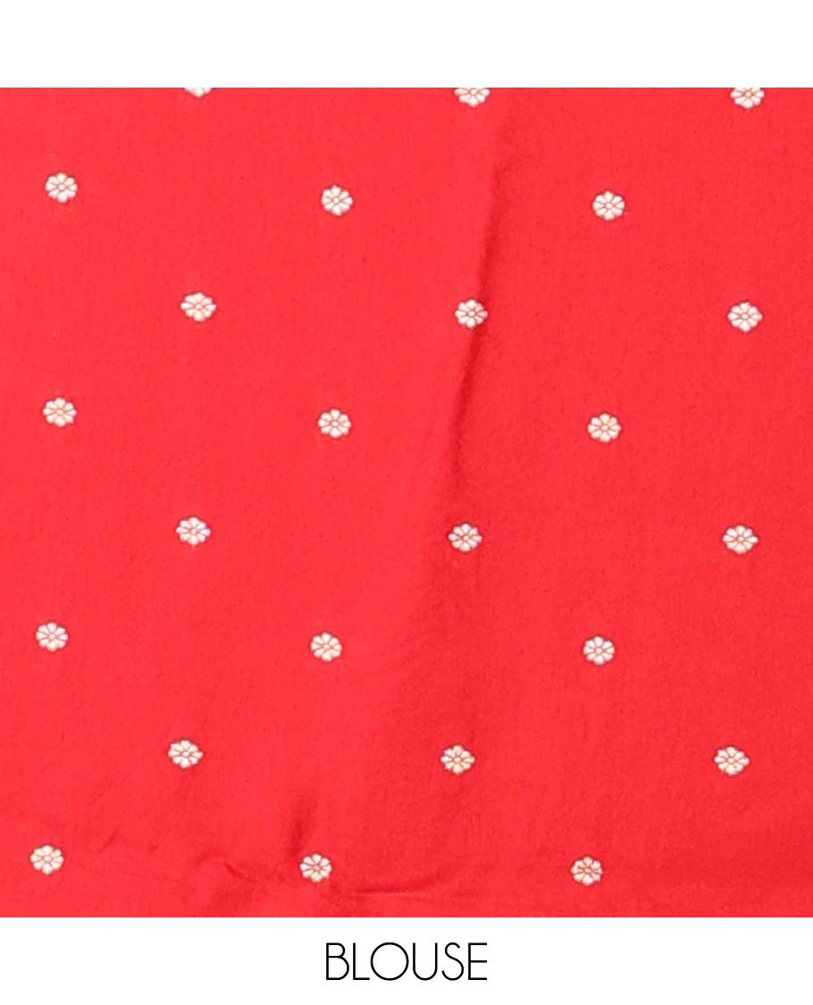 Red chevron design Mushru silk saree with buttas, leaf design border & pallu of jaal designs
