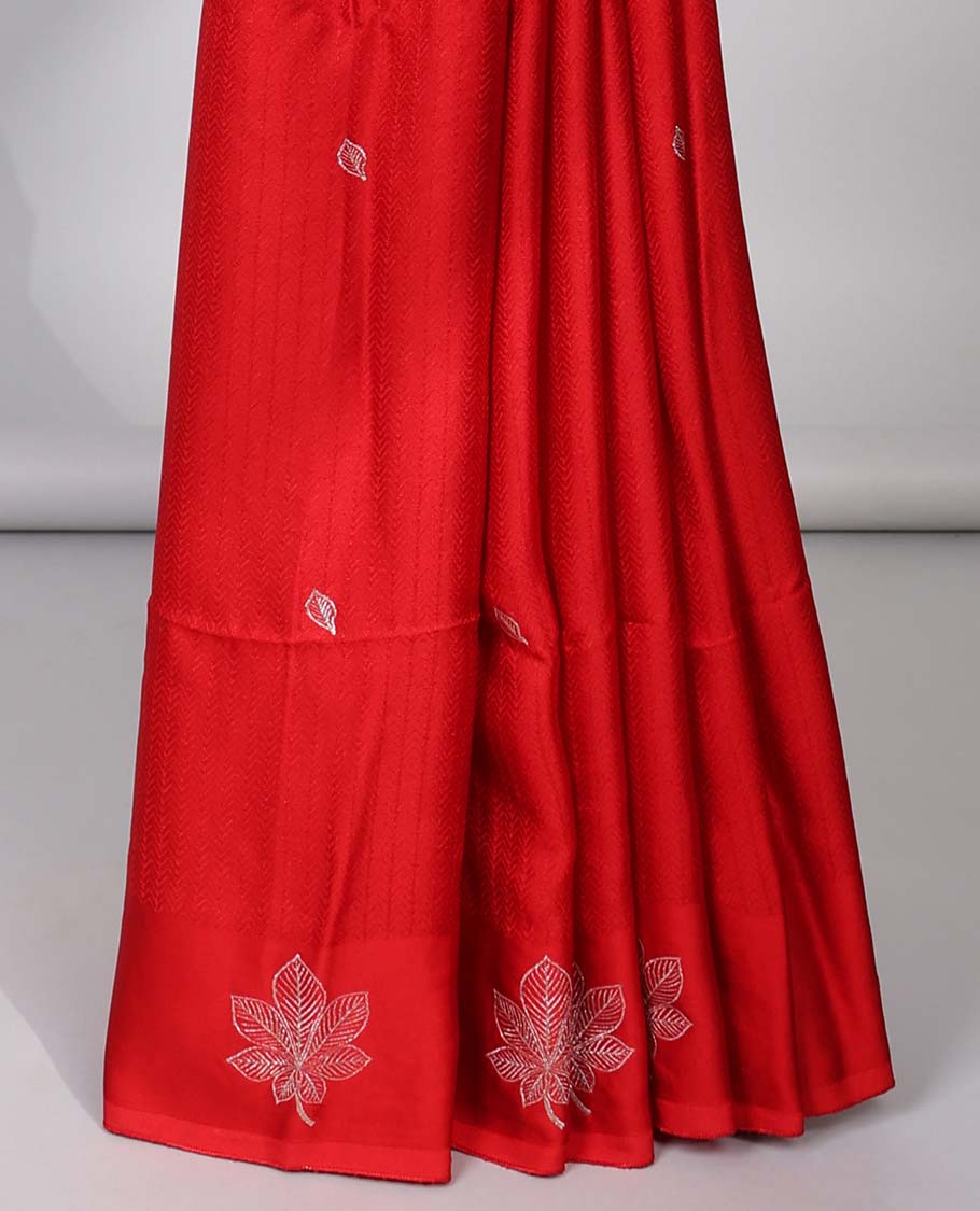 Red chevron design Mushru silk saree with buttas, leaf design border & pallu of jaal designs