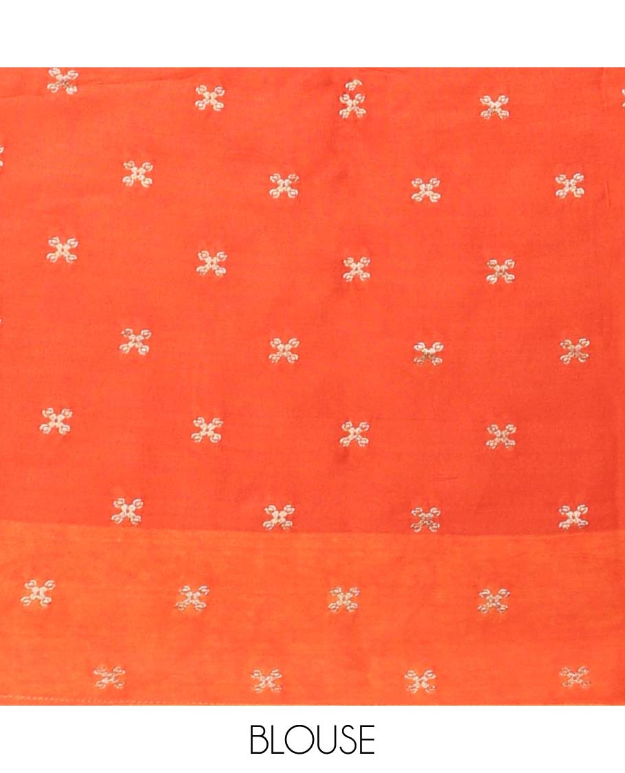 Orange jaal design mushru silk saree, elephant design border & pallu of jaal design