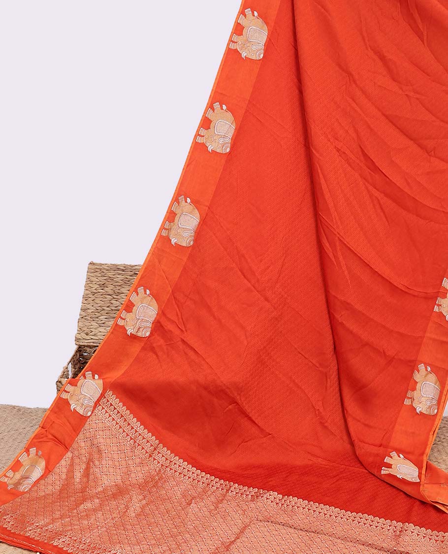 Orange jaal design mushru silk saree, elephant design border & pallu of jaal design
