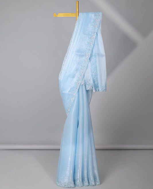 Blue plain design designer saree, floral design embroidered scallop border 