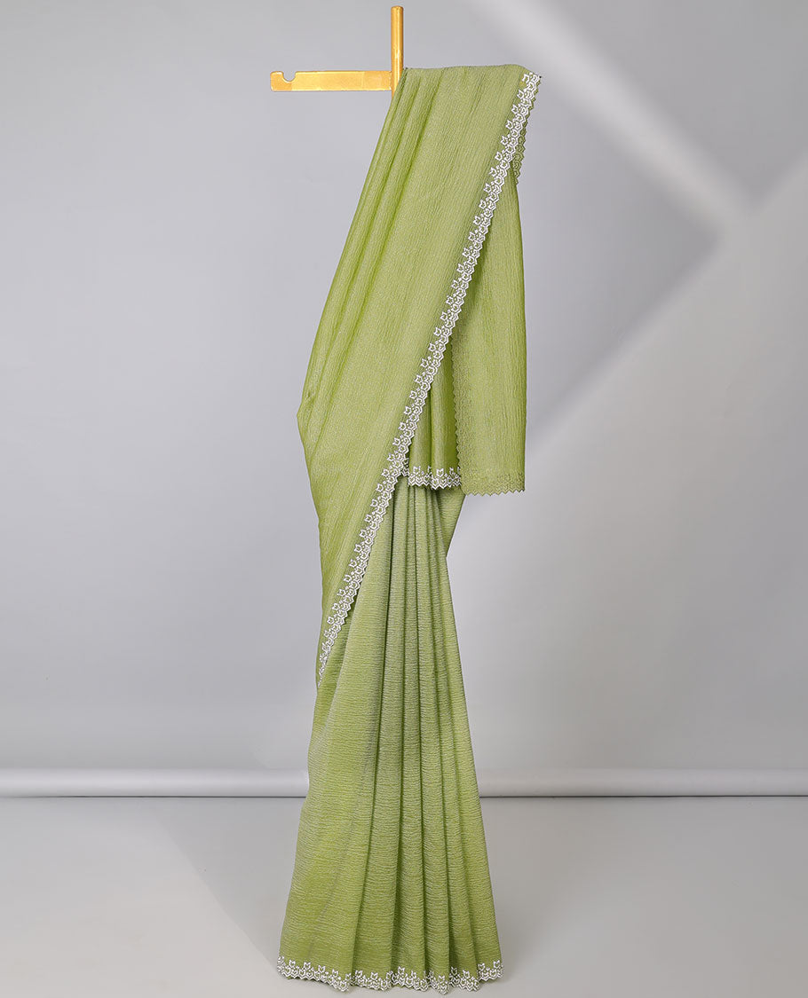 Green plain design designer saree, scallop stone embroidered border