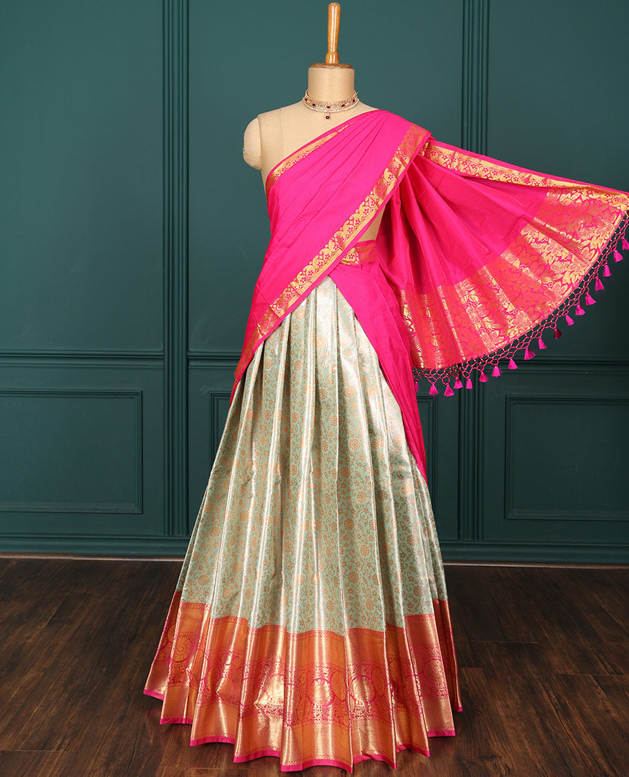 Green jacquard art-silk half saree, contrast traditional zari design border, jacquard blouse & intricate dhavani