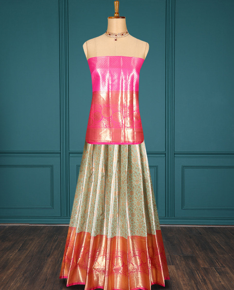 Green jacquard art-silk half saree, contrast traditional zari design border, jacquard blouse & intricate dhavani