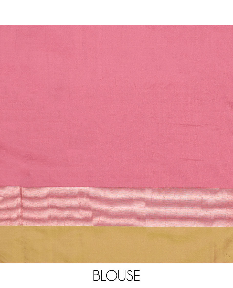 Pink aarani gift saree with buttas, contrast zari border & zari design pallu