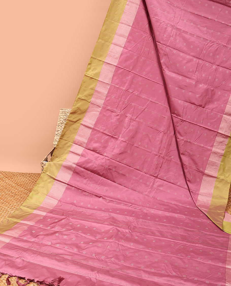 Pink aarani gift saree with buttas, contrast zari border & zari design pallu