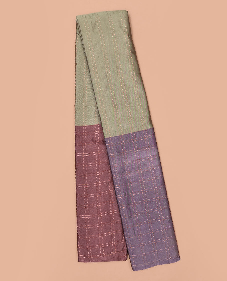Green striped aarani gift saree, contrast ganga jamuna striped border & striped pallu