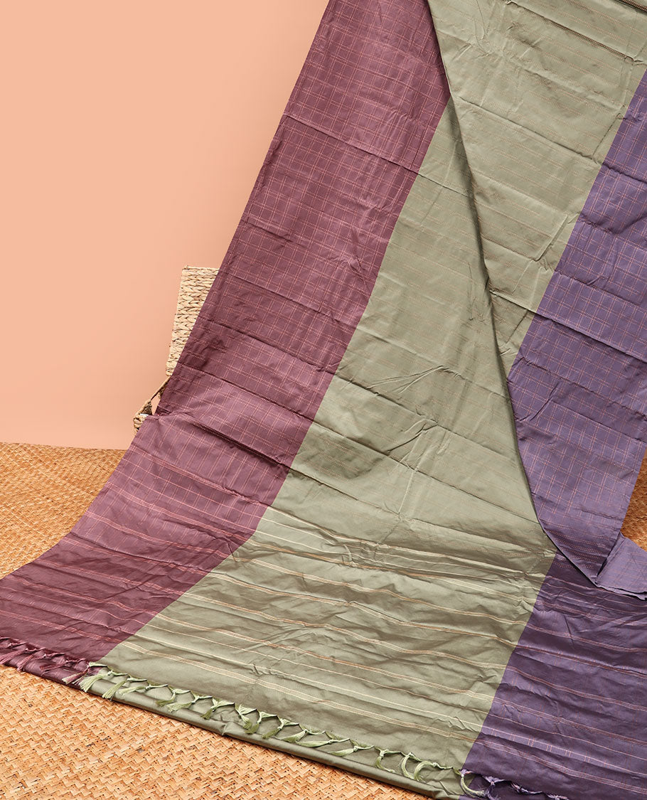 Green striped aarani gift saree, contrast ganga jamuna striped border & striped pallu