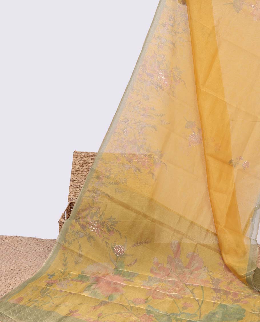 Orange floral printed & embroidered semi-banaras tissue saree, contrast plain border