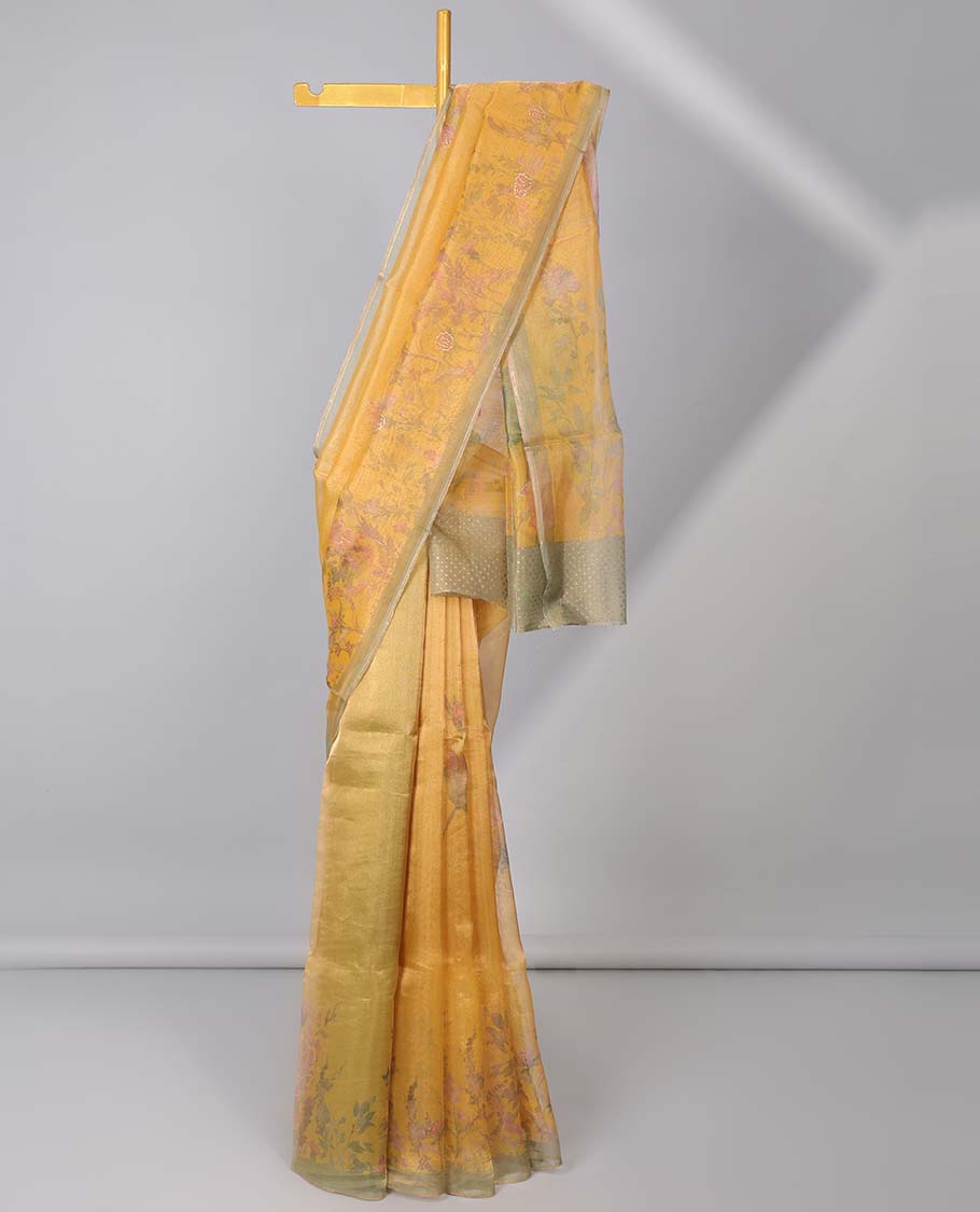 Orange floral printed & embroidered semi-banaras tissue saree, contrast plain border