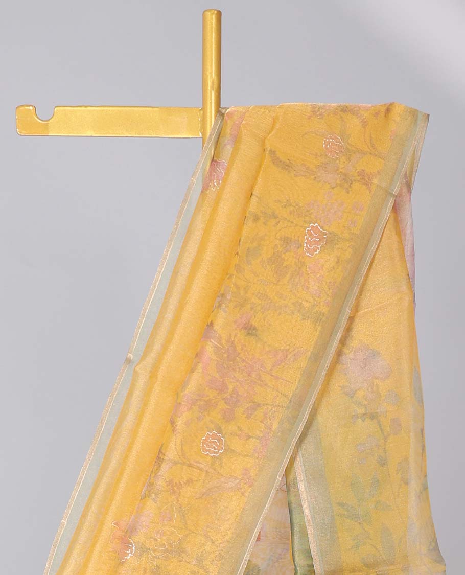 Orange floral printed & embroidered semi-banaras tissue saree, contrast plain border