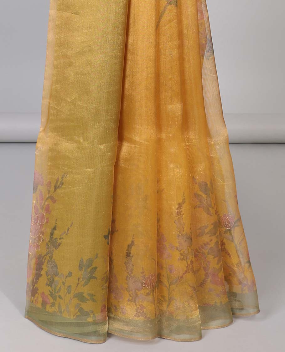 Orange floral printed & embroidered semi-banaras tissue saree, contrast plain border