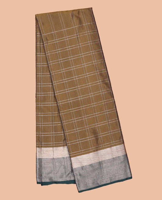 Brown zari checked design soft silk saree, contrast zari border & zari striped pallu