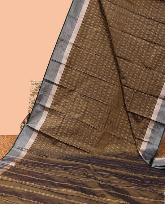 Brown zari checked design soft silk saree, contrast zari border & zari striped pallu