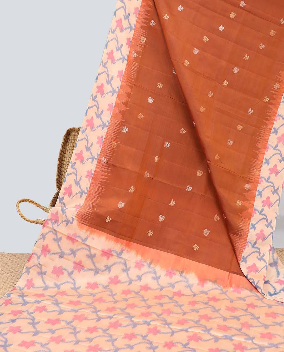 Orange zari buttas soft silk saree, contrast border & pallu of floral vine ikkat designs