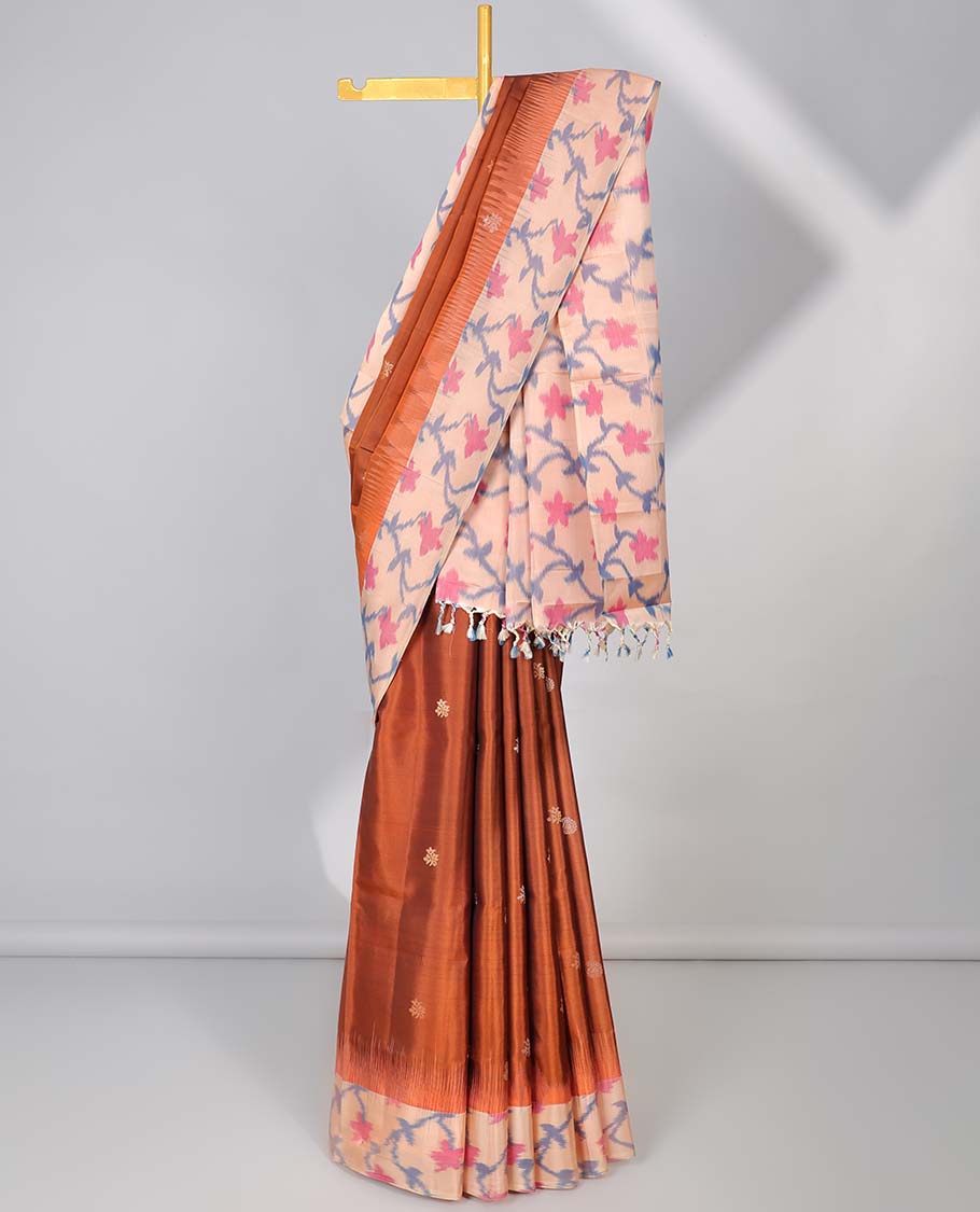 Orange zari buttas soft silk saree, contrast border & pallu of floral vine ikkat designs