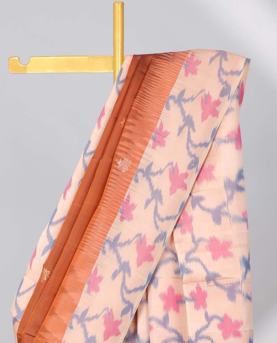 Orange zari buttas soft silk saree, contrast border & pallu of floral vine ikkat designs