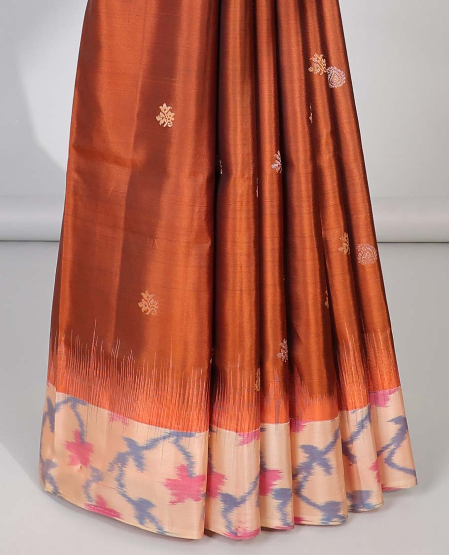 Orange zari buttas soft silk saree, contrast border & pallu of floral vine ikkat designs