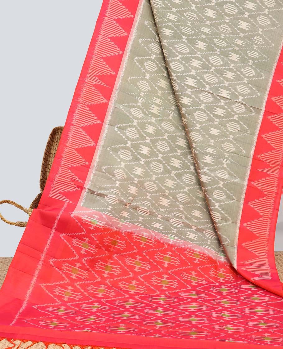 Grey ikkat-style jaal design soft silk saree, contrast temple ikkat border & pallu of jaal designs