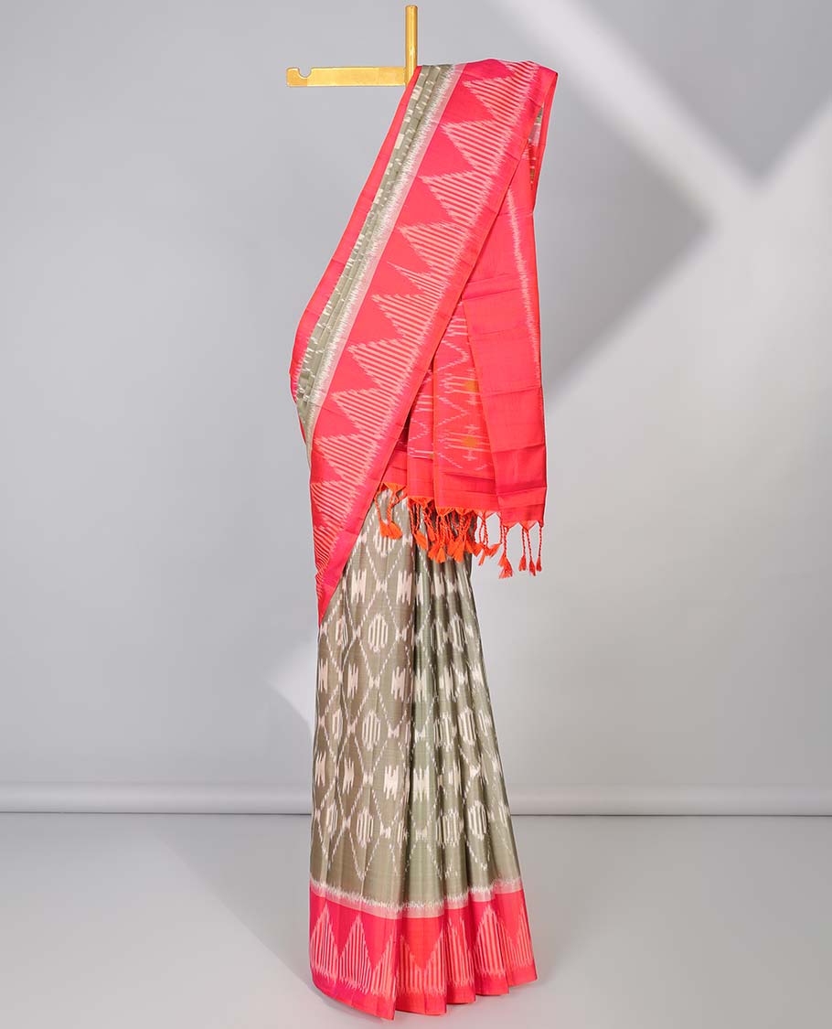 Grey ikkat-style jaal design soft silk saree, contrast temple ikkat border & pallu of jaal designs