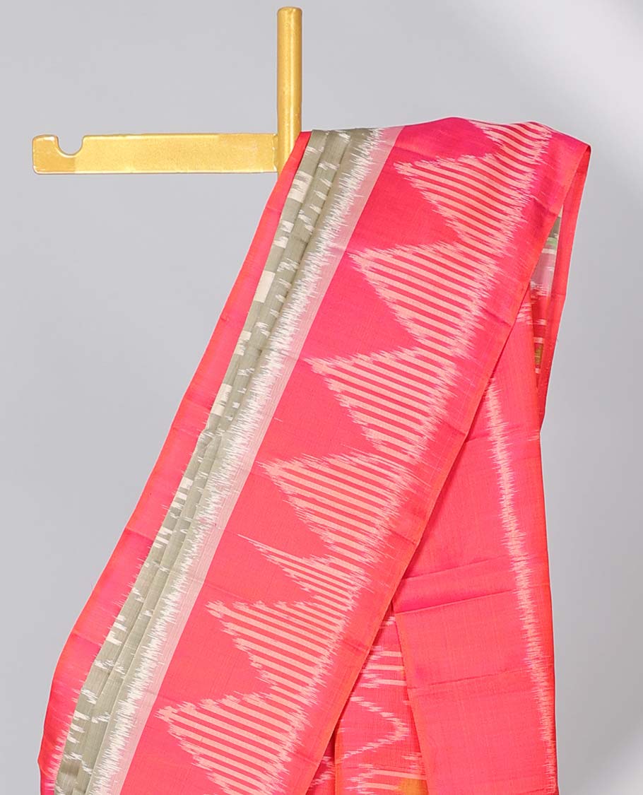 Grey ikkat-style jaal design soft silk saree, contrast temple ikkat border & pallu of jaal designs