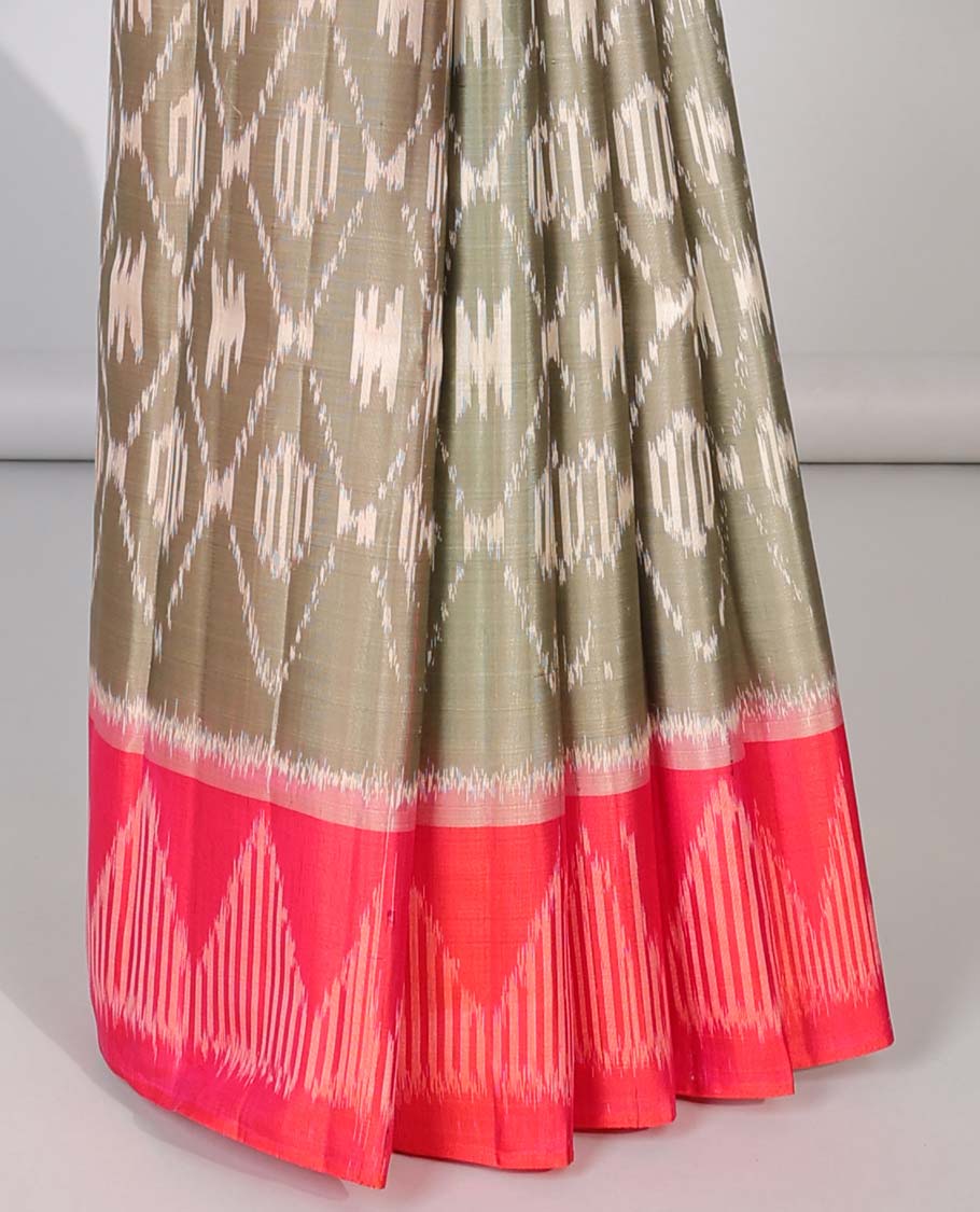 Grey ikkat-style jaal design soft silk saree, contrast temple ikkat border & pallu of jaal designs