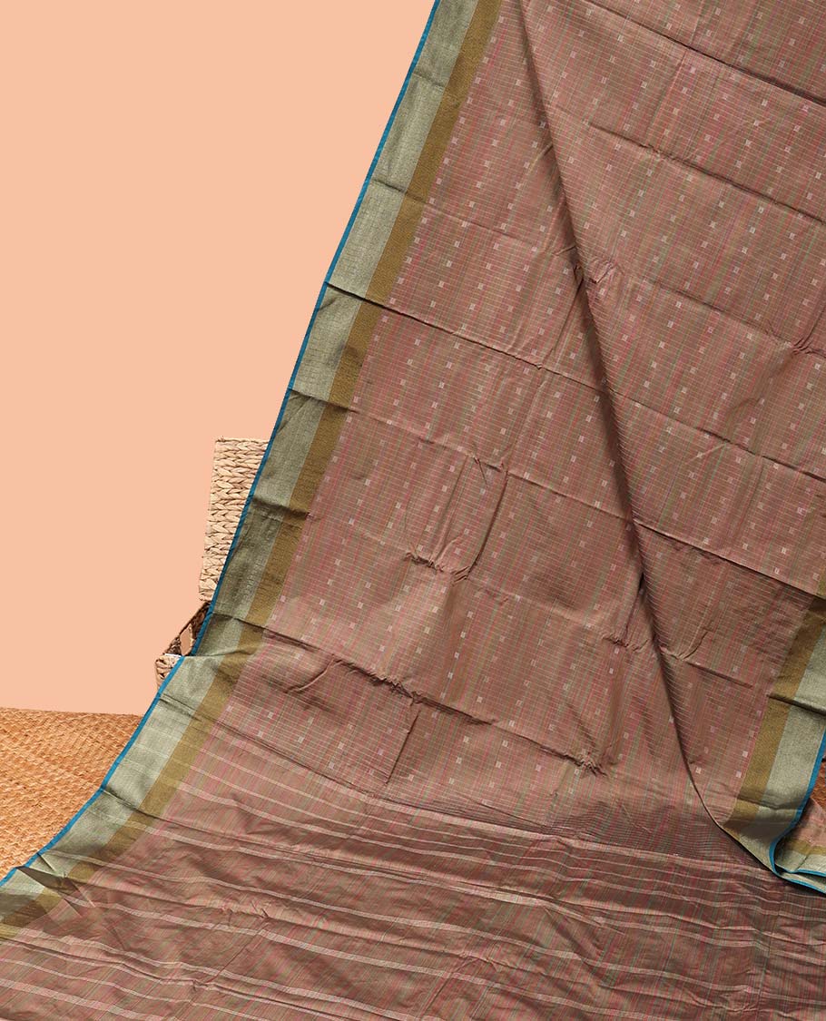 Green dual-tone soft silk saree with zari buttas, contrast zari design border & zari striped pallu