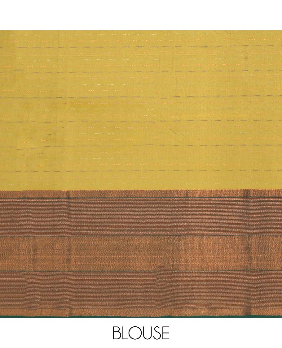 Green buttas soft silk saree, contrast zari design border & zari striped pallu