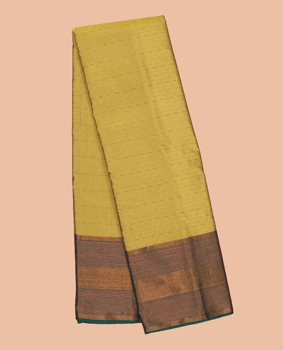 Green buttas soft silk saree, contrast zari design border & zari striped pallu