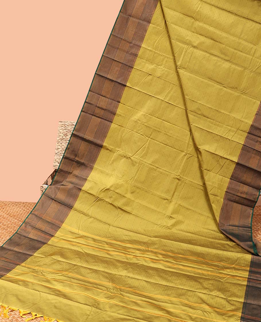 Green buttas soft silk saree, contrast zari design border & zari striped pallu