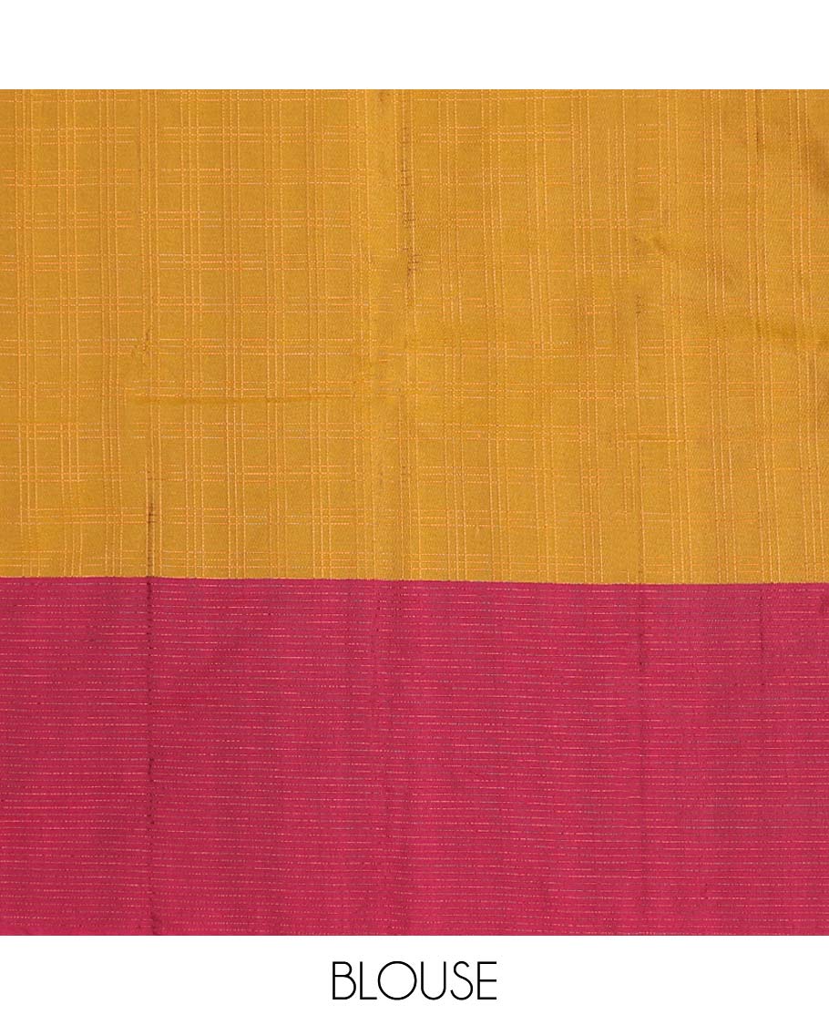 Yellow checked design soft silk saree, contrast striped border & striped pallu