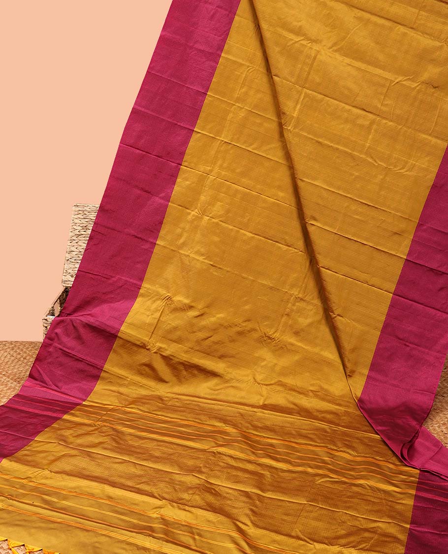 Yellow checked design soft silk saree, contrast striped border & striped pallu