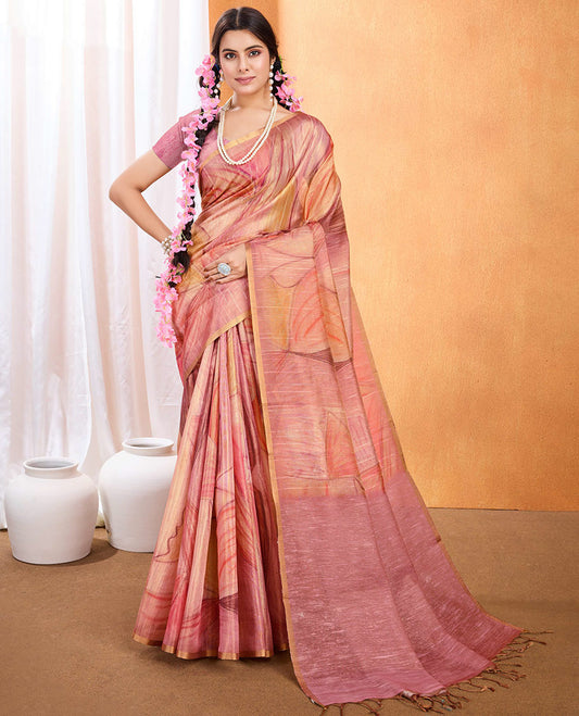 Borderless pink uniquely printed designer saree with plain pallu
