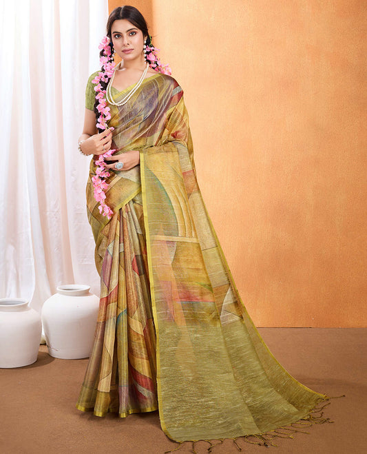 Borderless multi-color geometric printed designer saree with plain pallu