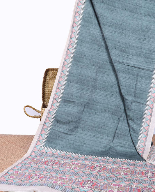 Green plain semi-banaras tussar saree, contrast vidarbha border & pallu of Madhubani print