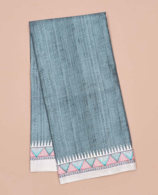 Green plain semi-banaras tussar saree, contrast vidarbha border & pallu of Madhubani print