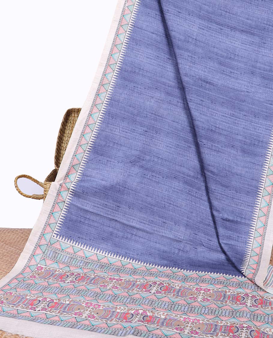 Blue plain semi-banaras tussar saree, contrast vidarbha border & pallu of Madhubani print
