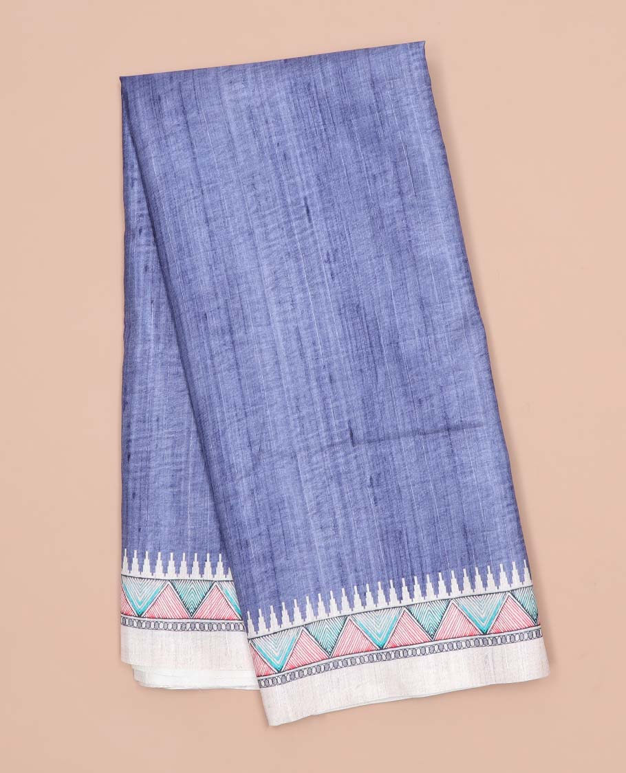 Blue plain semi-banaras tussar saree, contrast vidarbha border & pallu of Madhubani print