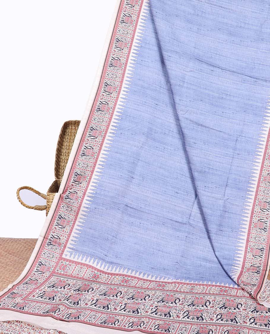 Blue plain semi-banaras tussar saree, contrast vidarbha border & pallu of elephant motifs print