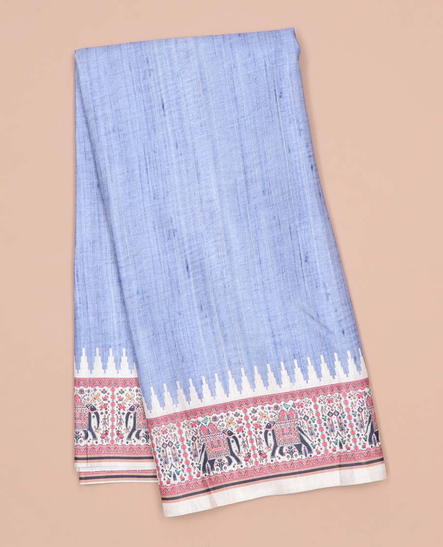 Blue plain semi-banaras tussar saree, contrast vidarbha border & pallu of elephant motifs print