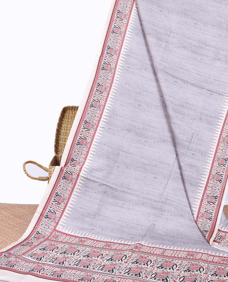 Grey plain semi-banaras tussar saree, contrast vidarbha border & pallu of elephant motifs print