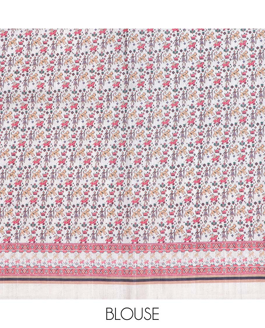 Grey plain semi-banaras tussar saree, contrast vidarbha border & pallu of elephant motifs print