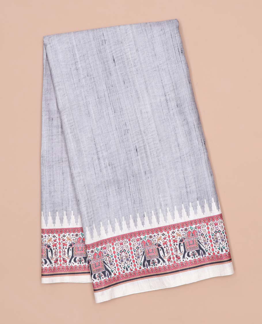 Grey plain semi-banaras tussar saree, contrast vidarbha border & pallu of elephant motifs print