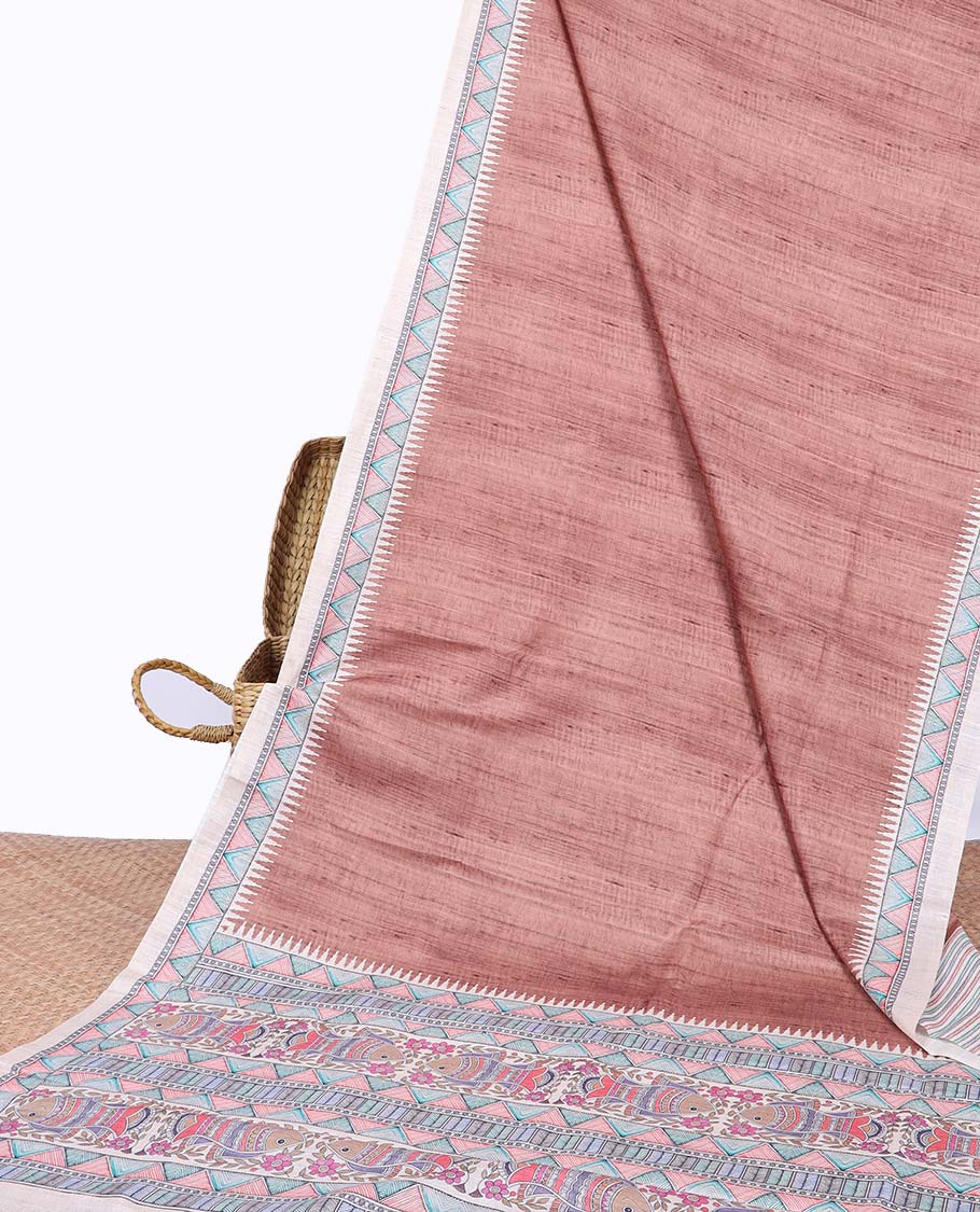 Brown plain semi-banaras tussar saree, contrast vidarbha border & pallu of Madhubani print